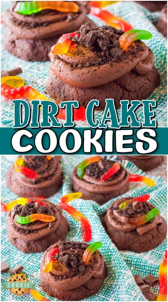 Dirt Cake Cookies are double chocolate cookies topped with Oreos, chocolate buttercream & gummy worms! Fun, chocolatey mud cookies perfect for Birthdays or anytime!