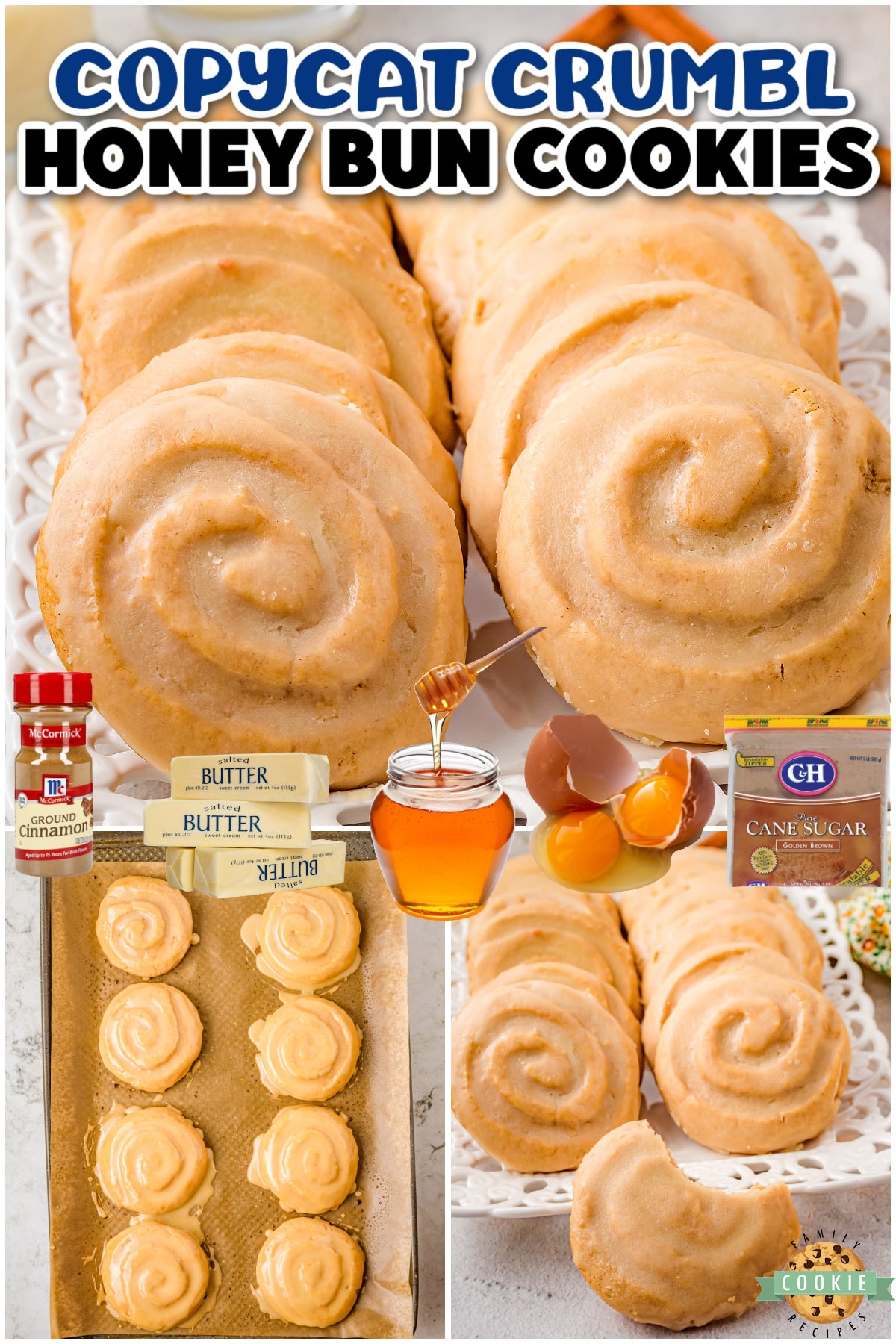 Honey Bun Cookies look just like a honey bun and are topped with a delicious honey butter glaze. Honey bun Crumbl cookie recipe has an incredible warm buttery cinnamon flavor everyone loves!