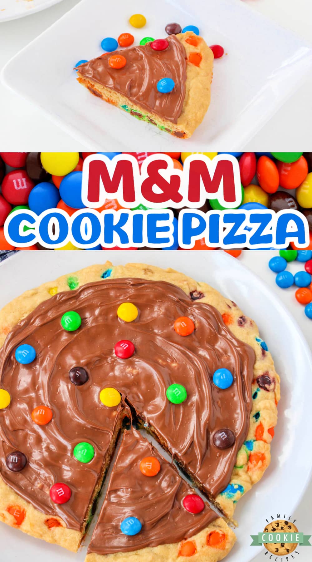 M&M Cookie Pizza is soft, chewy and covered in chocolate. This skillet cookie recipe is easy to make completely from scratch and everyone will love it! via @buttergirls