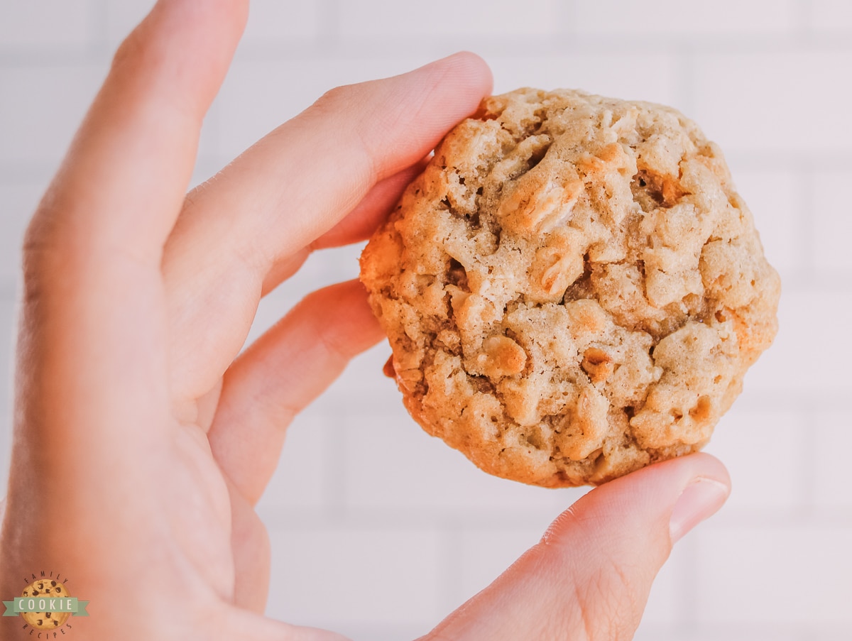 holding an oatmeal butterscotch cookie