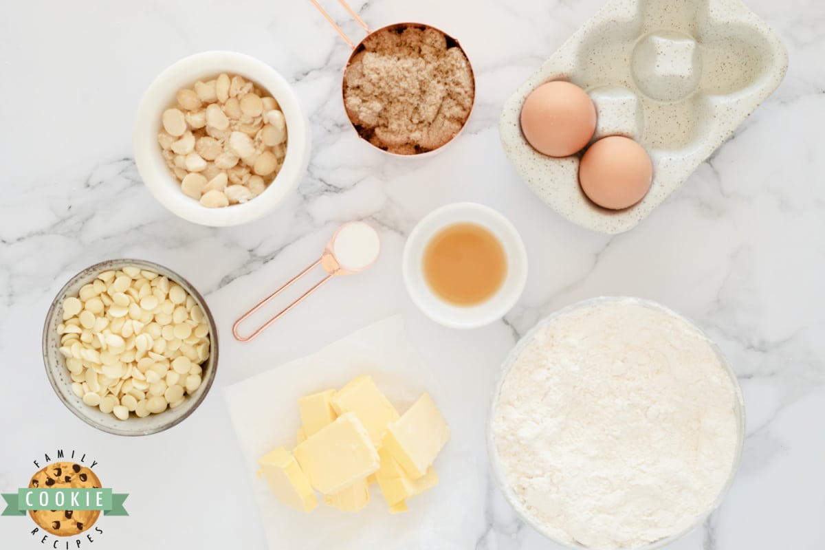 Ingredients in White Chocolate Macadamia Cookie Bars