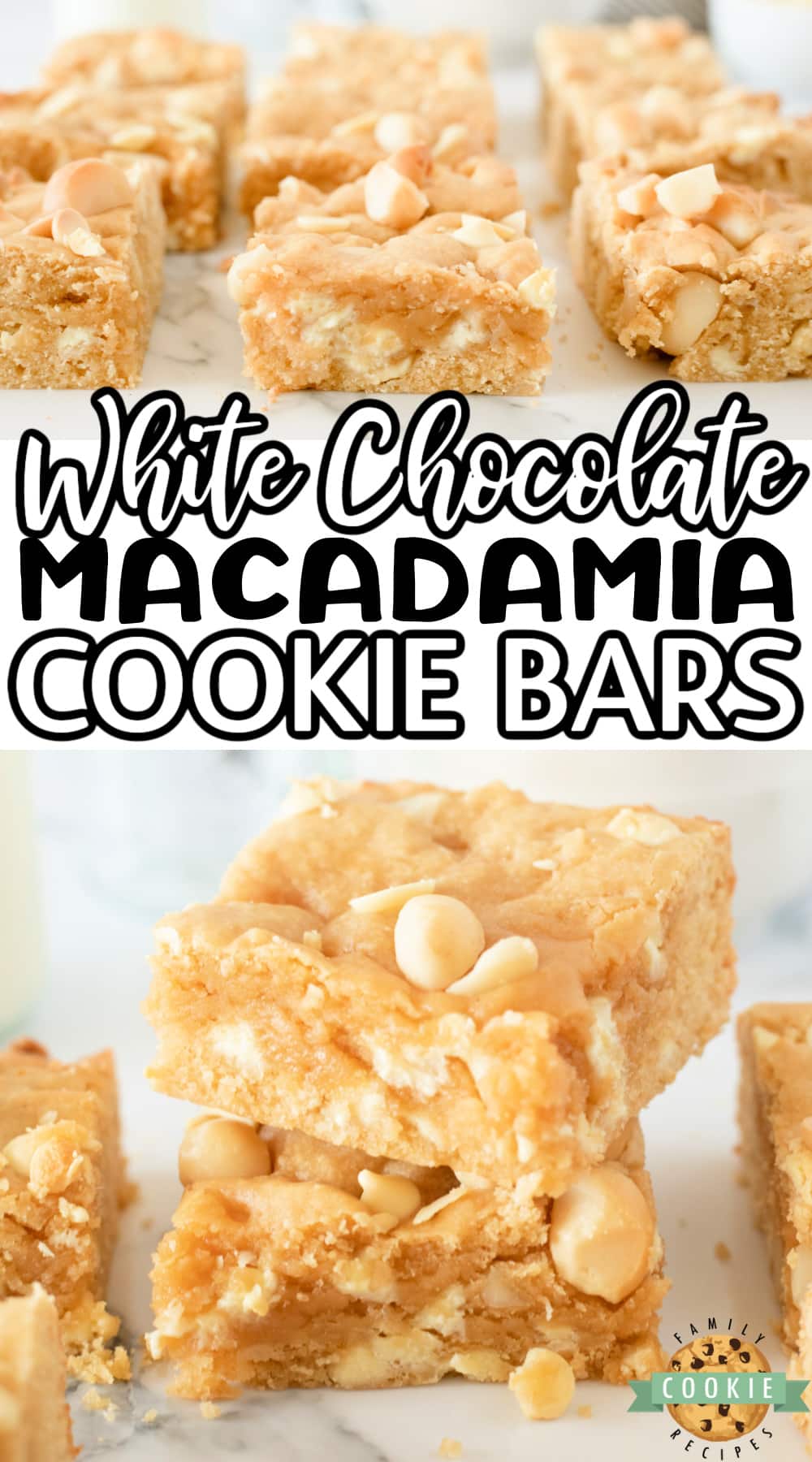 White Chocolate Macadamia Cookie Bars are thick, soft and absolutely delicious. Simple cookie bar recipe packed with white chocolate chips and macadamia nuts. 