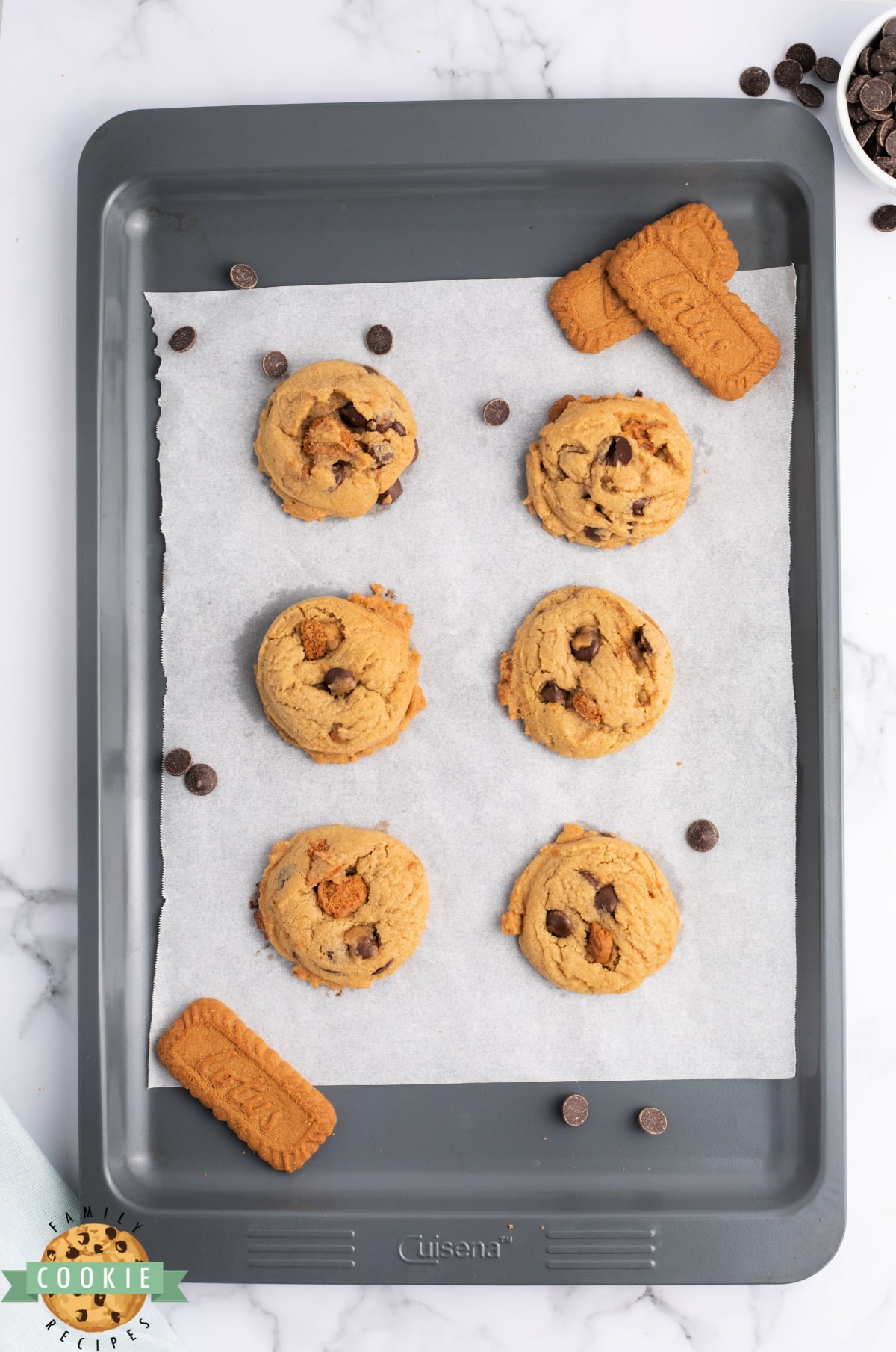 Cookies made with chocolate chips and Biscoff spread