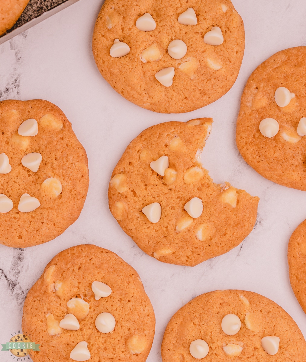 bite out of a cookie with white chocolate chips