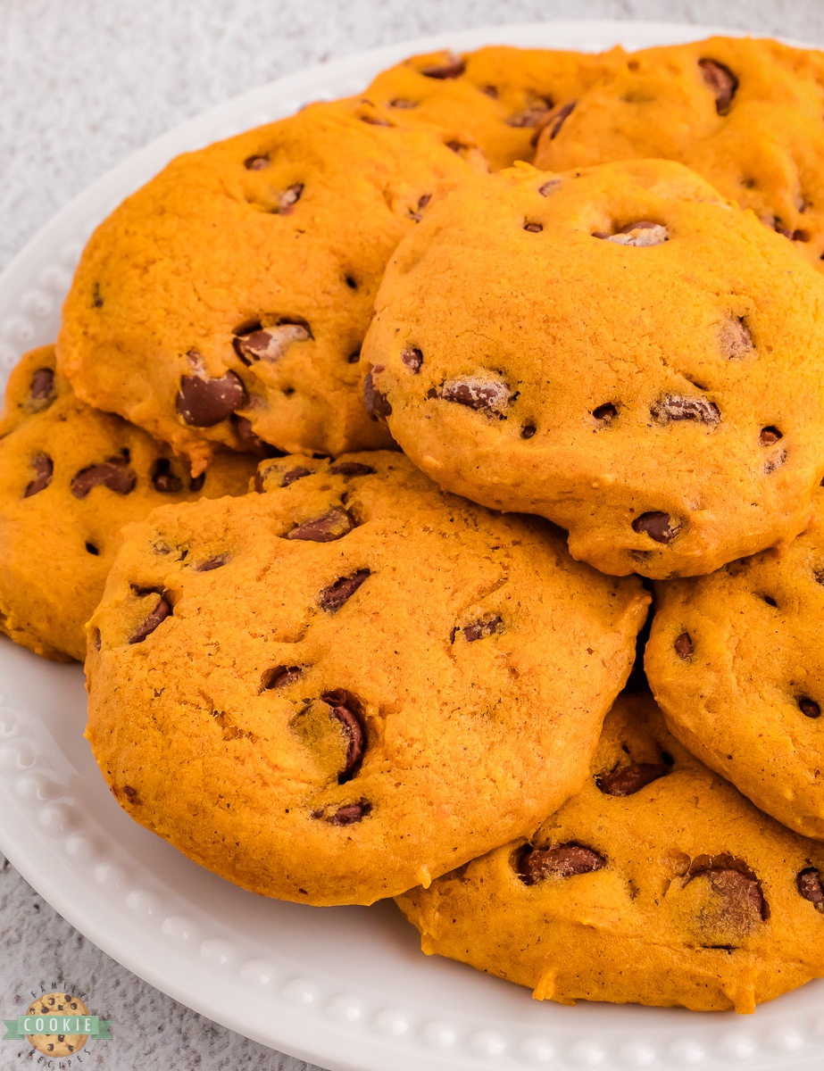 plate of chocolate chip pumpkin cookies