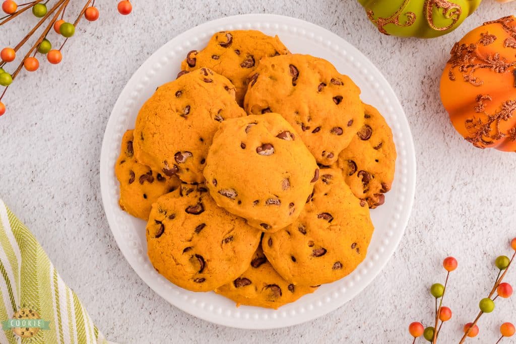 plate of pumpkin cookies with chocolate chips