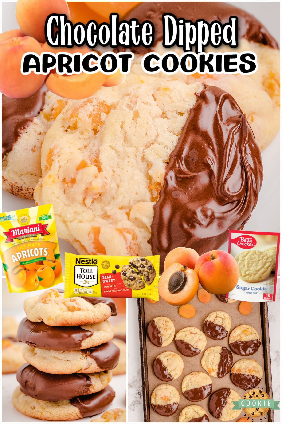 Easy Apricot Cookies perfectly combine a sweet cookie base with tangy fruit flavor. These apricot sugar cookies are dipped in dark chocolate & are simply delightful!