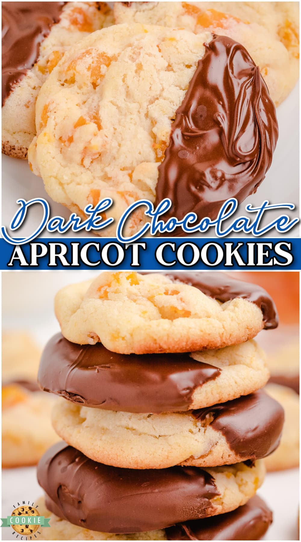 Easy Apricot Cookies perfectly combine a sweet cookie base with tangy fruit flavor. These apricot sugar cookies are dipped in dark chocolate & are simply delightful! via @buttergirls