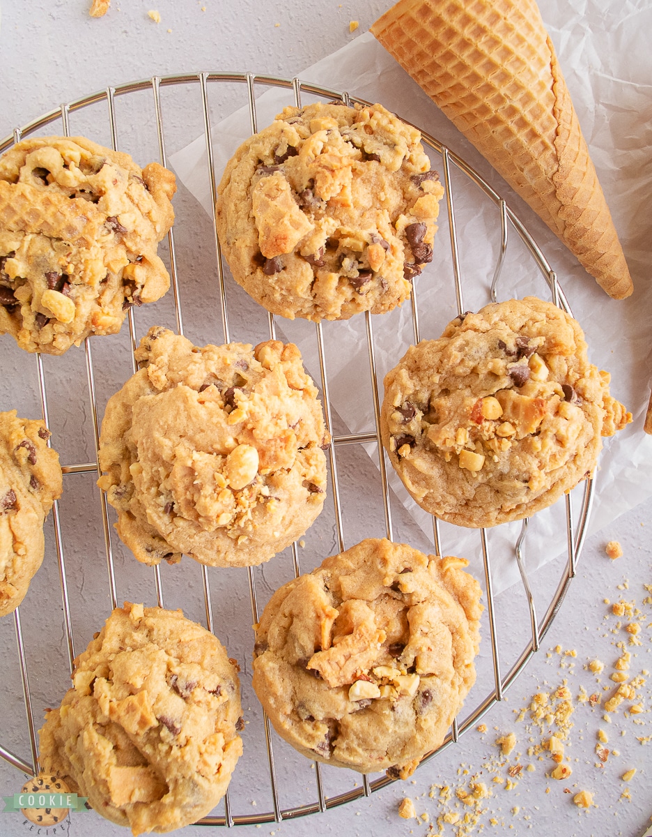 ice cream cone cookies on a cooling rack