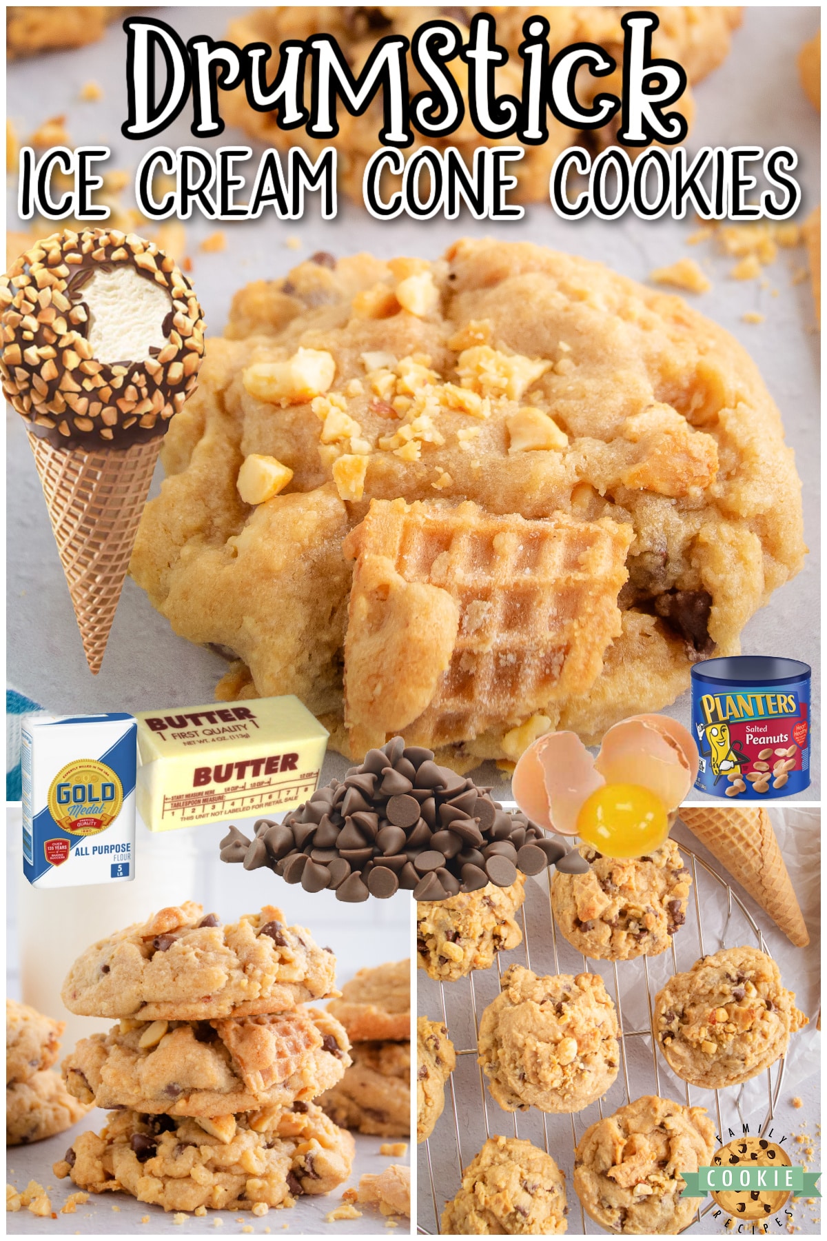 Ice Cream Cone Cookies made with waffle cones & chocolate chips! Fun cookies made with classic drumstick ice cream cones in mind!