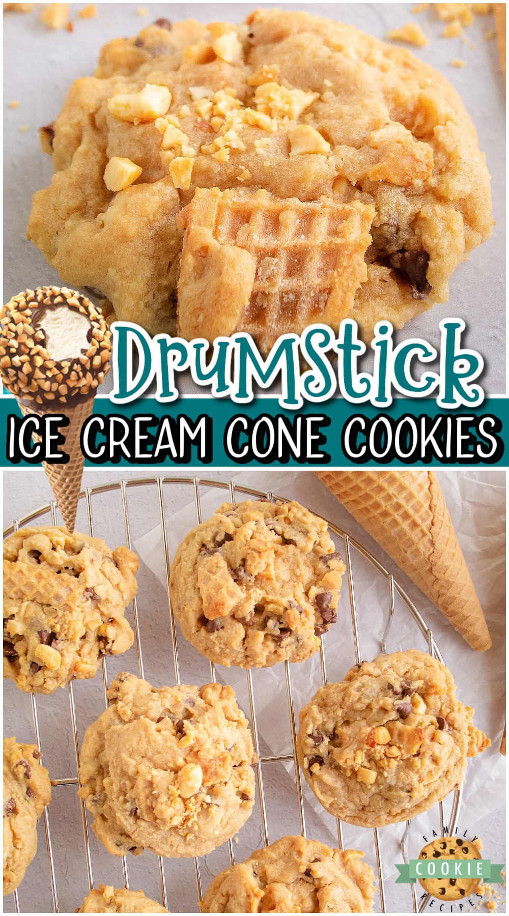Ice Cream Cone Cookies made with waffle cones & chocolate chips! Fun cookies made with classic drumstick ice cream cones in mind! 