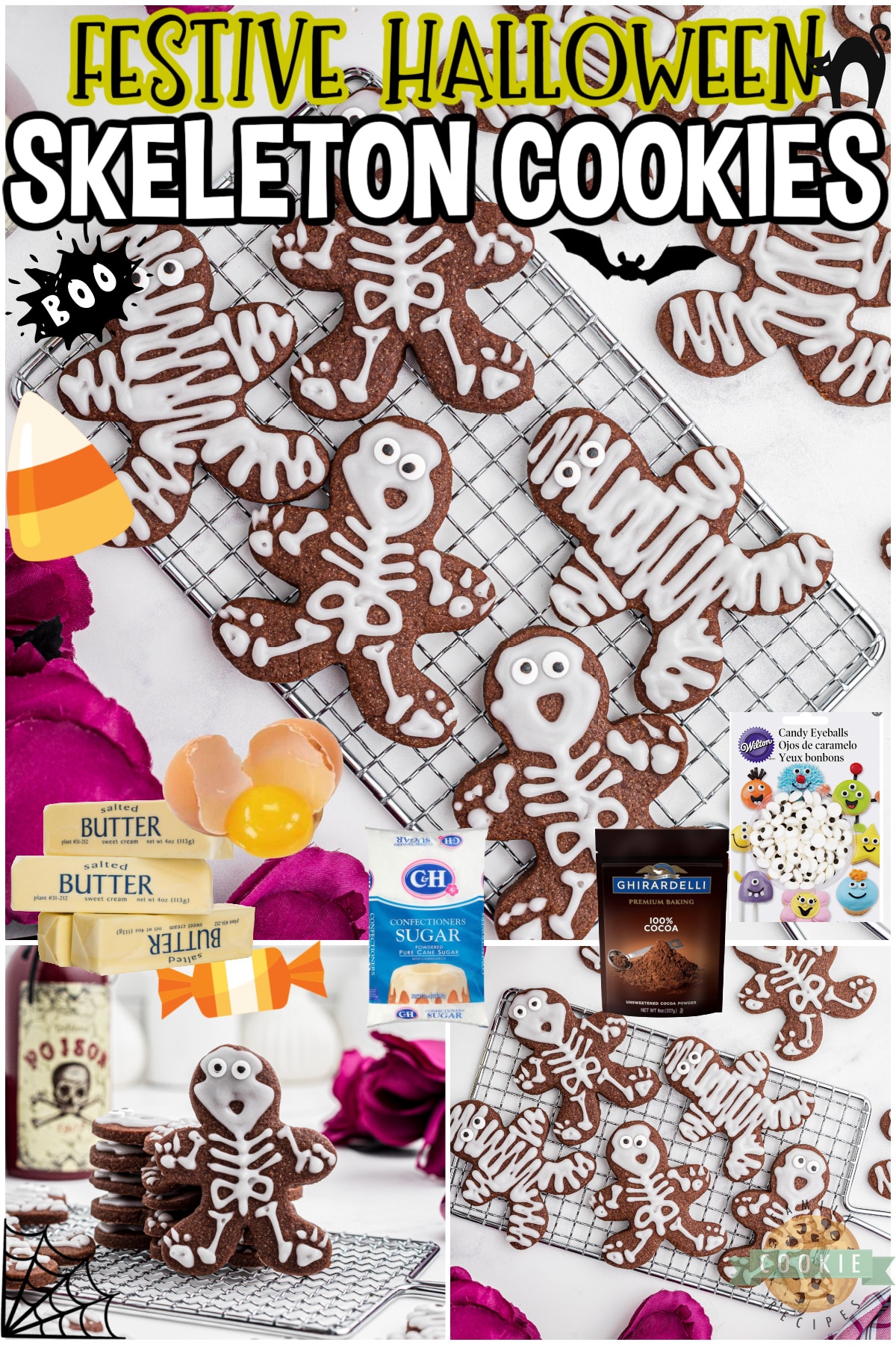 Halloween Skeleton Cookies are festive & fun chocolate sugar cookies decorated in a perfectly creepy way! Simple cut-out skeleton cookies that are fun to make & enjoy!