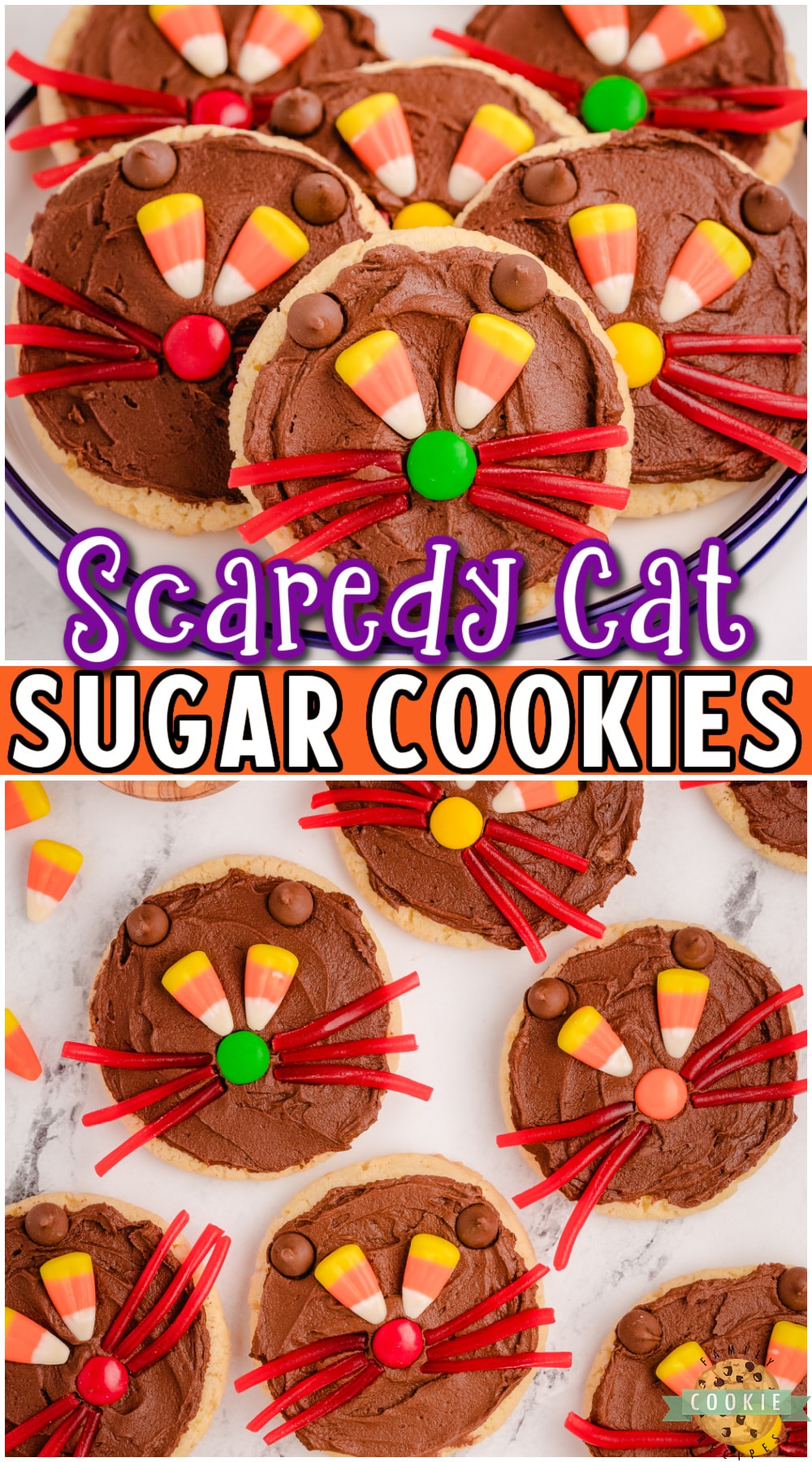 Halloween Cat Cookies are super cute & easy to make! Festive Scaredy Cat Halloween cookies made with a packaged cookie mix, frosting & candy!