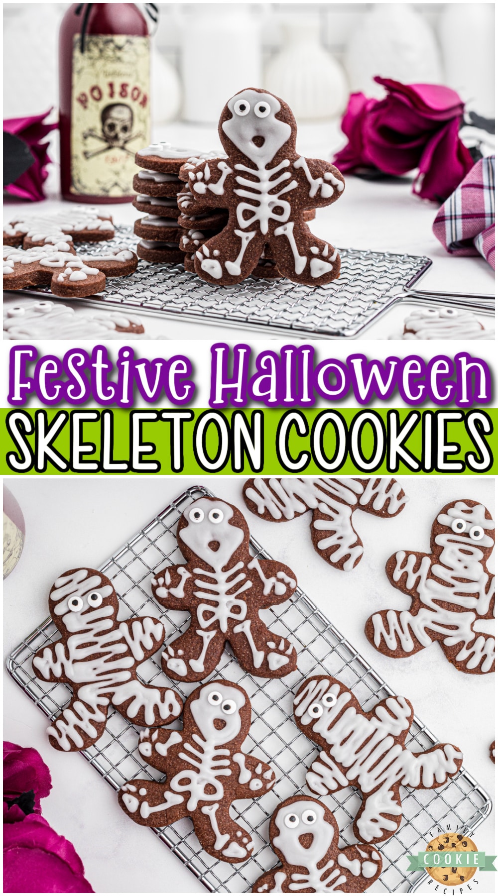 Halloween Skeleton Cookies are festive & fun chocolate sugar cookies decorated in a perfectly creepy way! Simple cut-out skeleton cookies that are fun to make & enjoy!