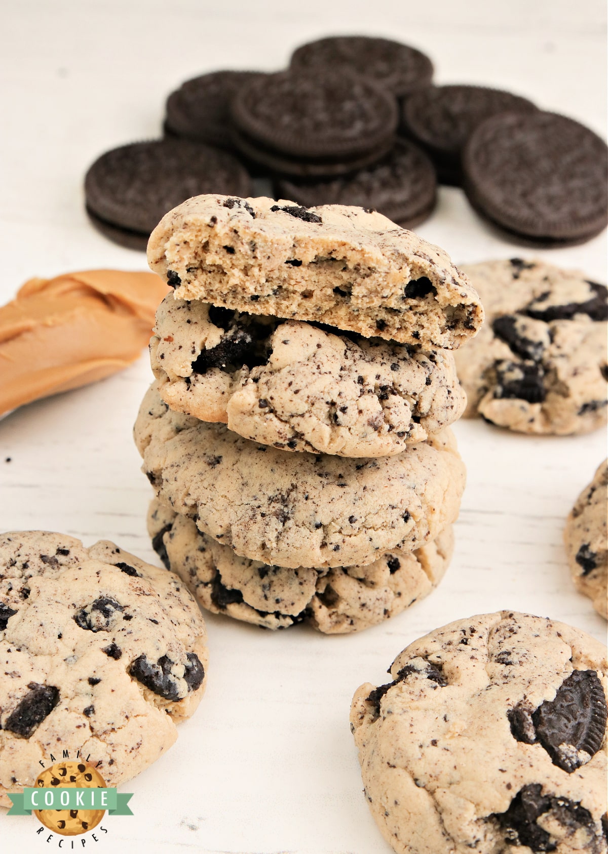 Oreo Peanut Butter Cookies are soft and chewy peanut butter cookies made with Oreo pudding mix and crushed Oreo cookies. 