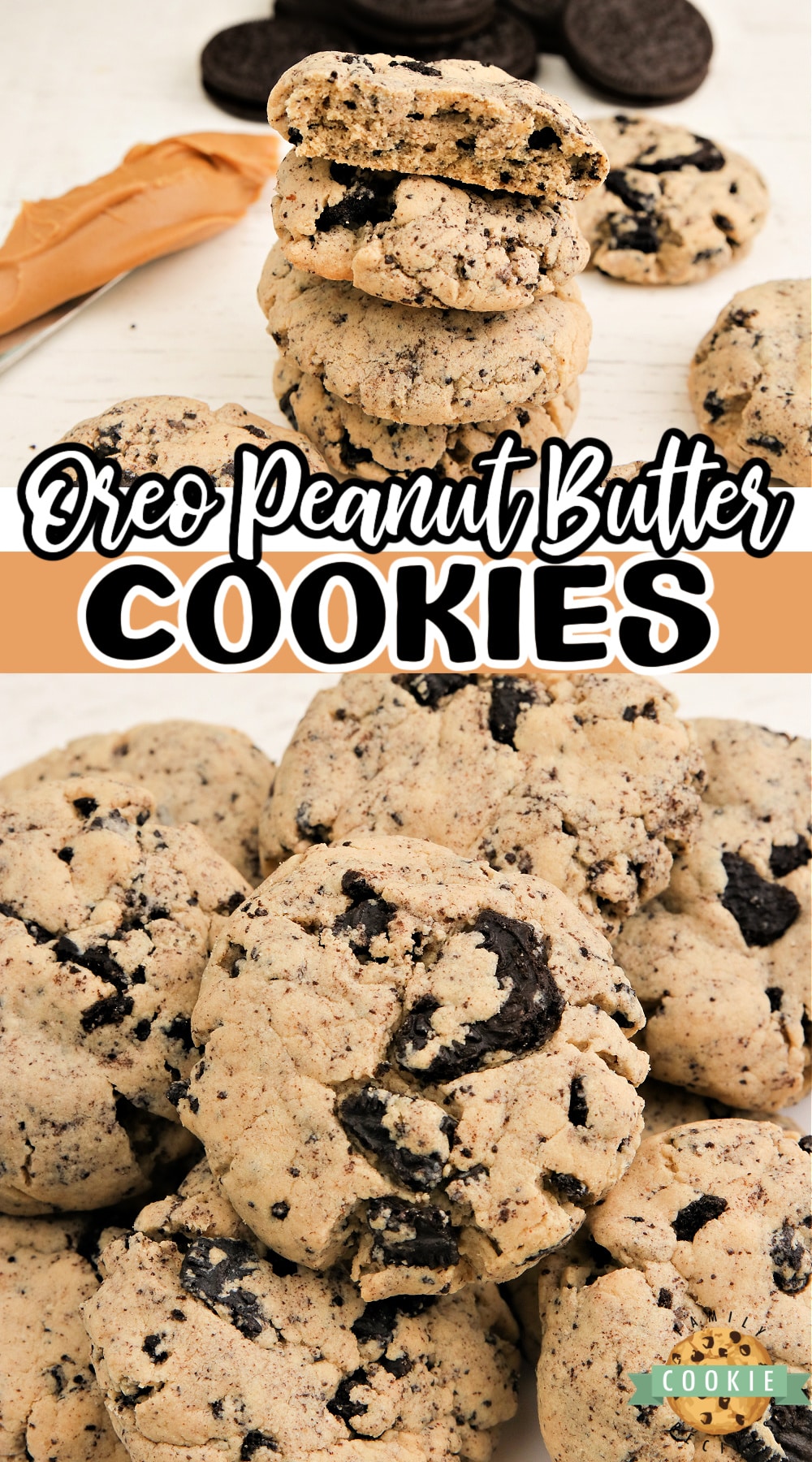 Oreo Peanut Butter Cookies are soft and chewy peanut butter cookies made with Oreo pudding mix and crushed Oreo cookies. 