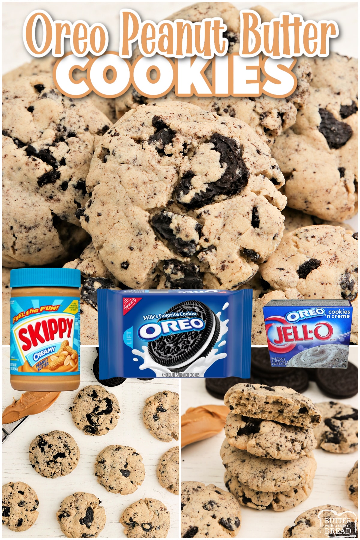 Oreo Peanut Butter Cookies are soft and chewy peanut butter cookies made with Oreo pudding mix and crushed Oreo cookies. 