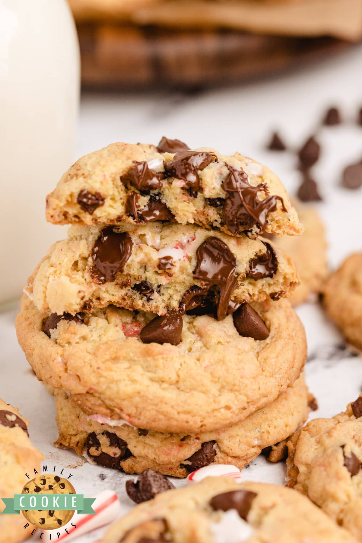 Chocolate chip cookies with chunks of peppermint