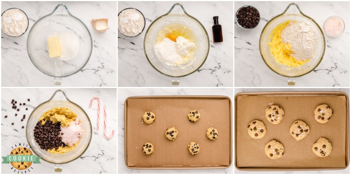Step by step instructions on how to make Peppermint Chocolate Chip Cookies