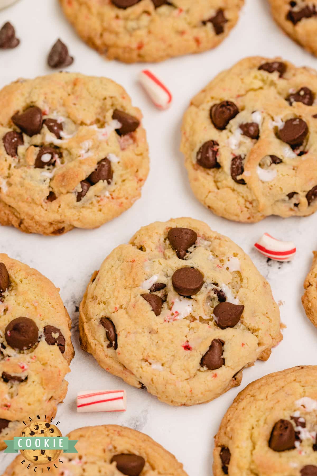 Cookies with crushed candy canes and chocolate chips