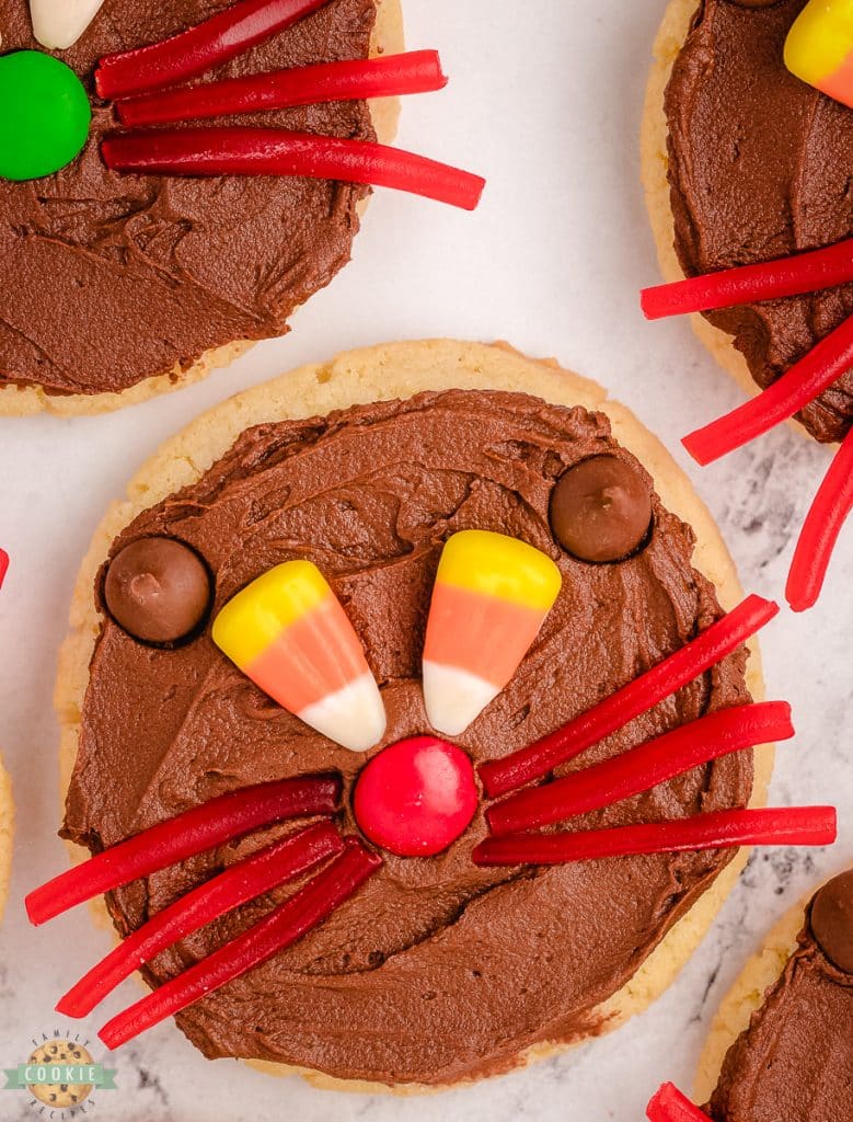 cat cookie with candy corn eyes