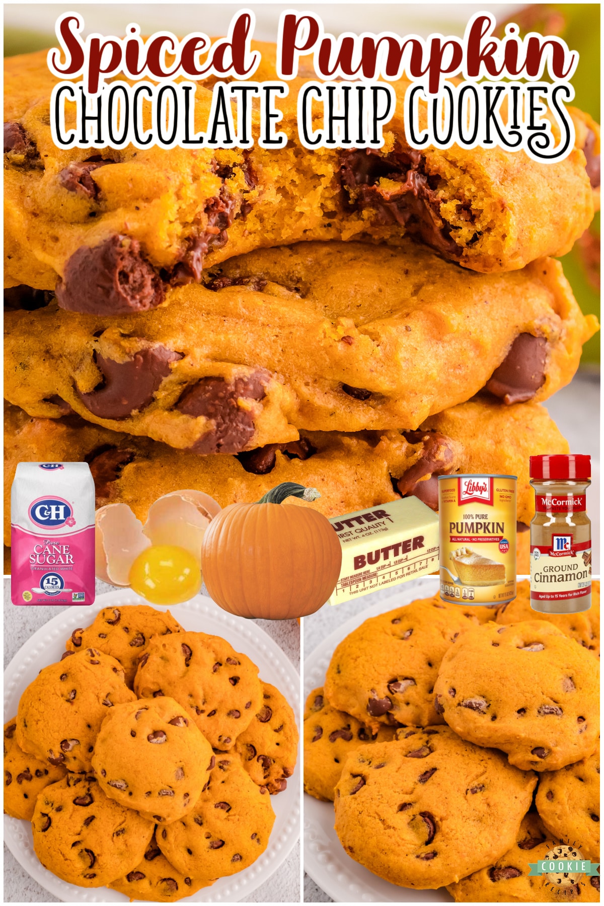 Spiced Pumpkin Chocolate Chip Cookies are made with pumpkin & a fantastic blend of Fall spices!! This pumpkin chocolate chip cookies recipe yields soft, pillowy cookies made with classic ingredients!