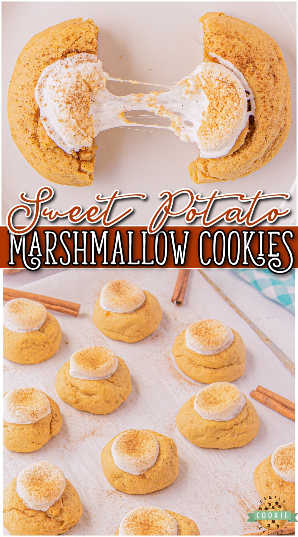 Marshmallow Sweet Potato Cookies are soft, sweet cookies with fabulous fall flavors!  Sweet potato cookie recipe that's spiced with cinnamon & topped with a marshmallow! via @buttergirls