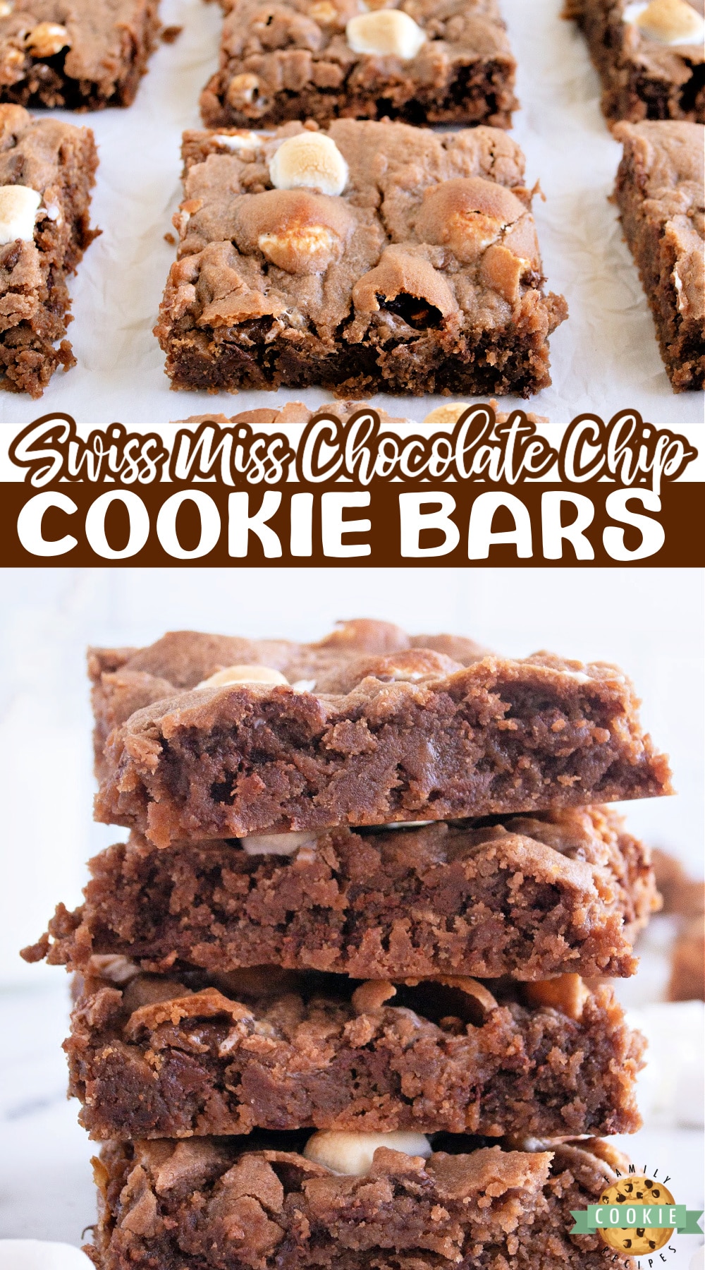 Swiss Miss Chocolate Chip Cookie Bars are made with hot cocoa mix, marshmallows and chocolate chips! Soft and chewy cookie bar recipe that tastes like a cup of hot chocolate! 