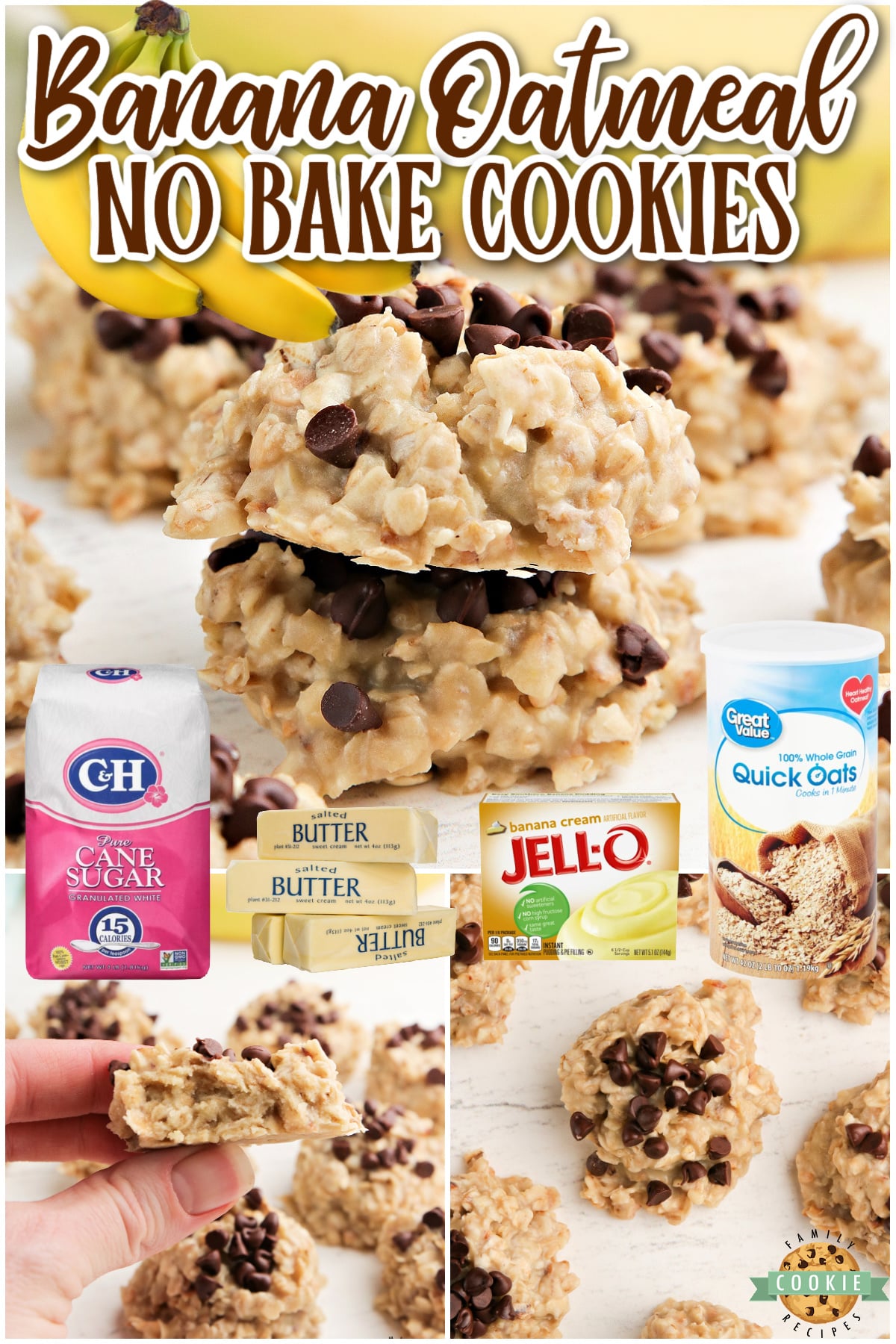 Banana Oatmeal No Bake Cookies are simple oatmeal cookies made with just a few ingredients. Delicious no bake cookie recipe packed with banana flavor!