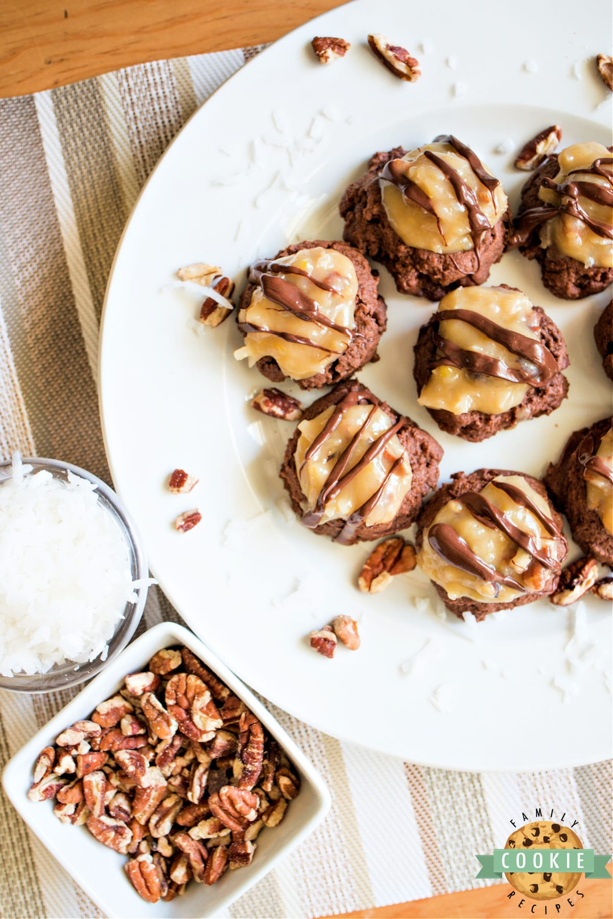 German Chocolate Cookies made from scratch with a double chocolate cookie that is topped with a creamy coconut pecan topping and a chocolate drizzle. 