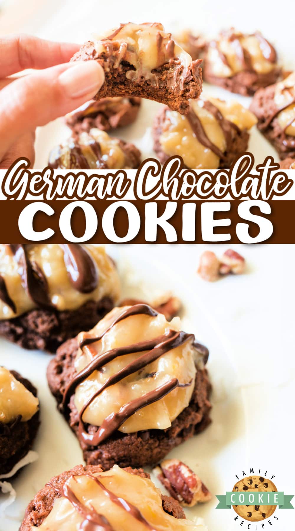 German Chocolate Cookies made from scratch with a double chocolate cookie that is topped with a creamy coconut pecan topping and a chocolate drizzle. 