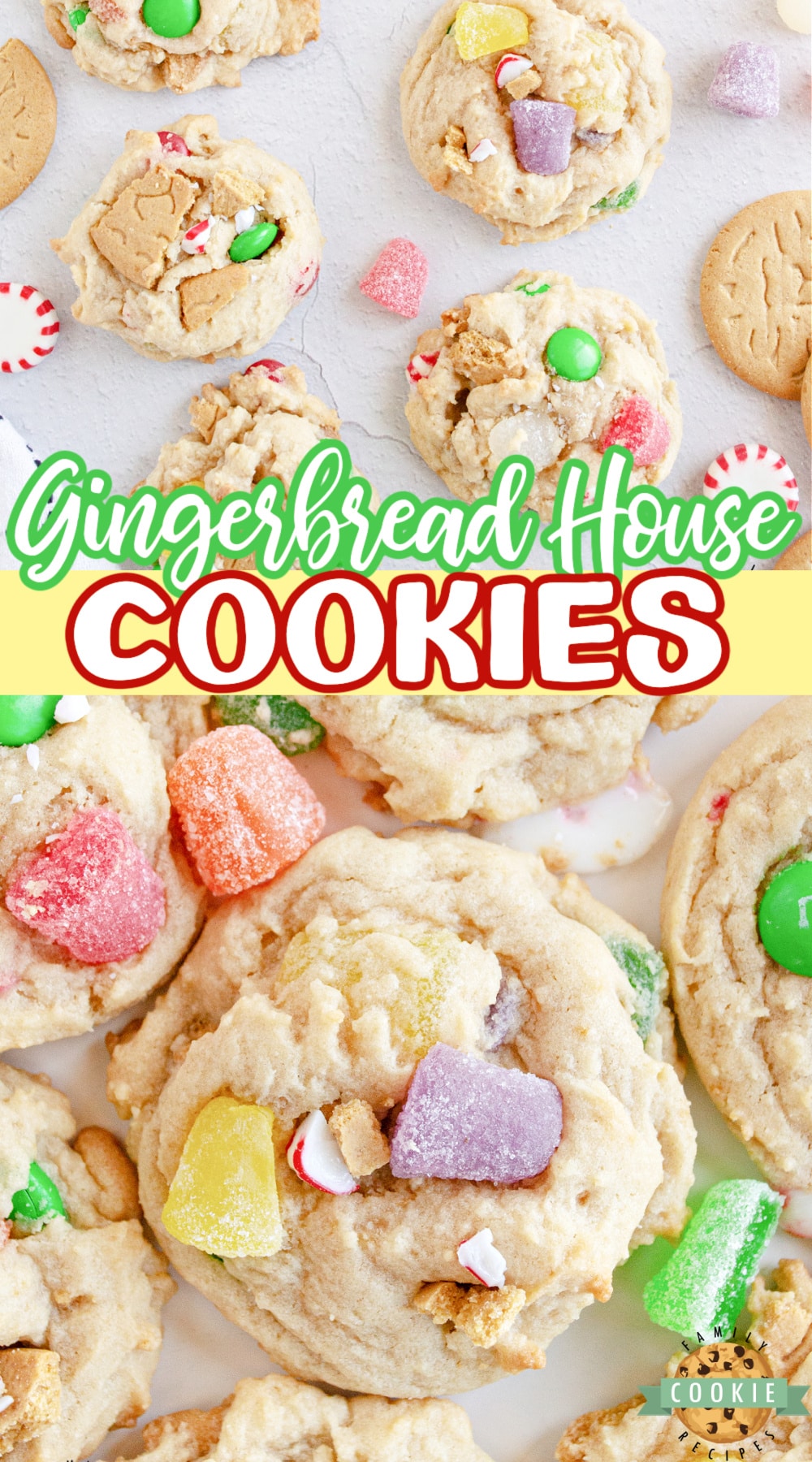 Gingerbread House Cookies made with gingerbread cookies, gum drops, and peppermint candies. If you can use it to decorate a gingerbread house with, you can put it in these cookies!