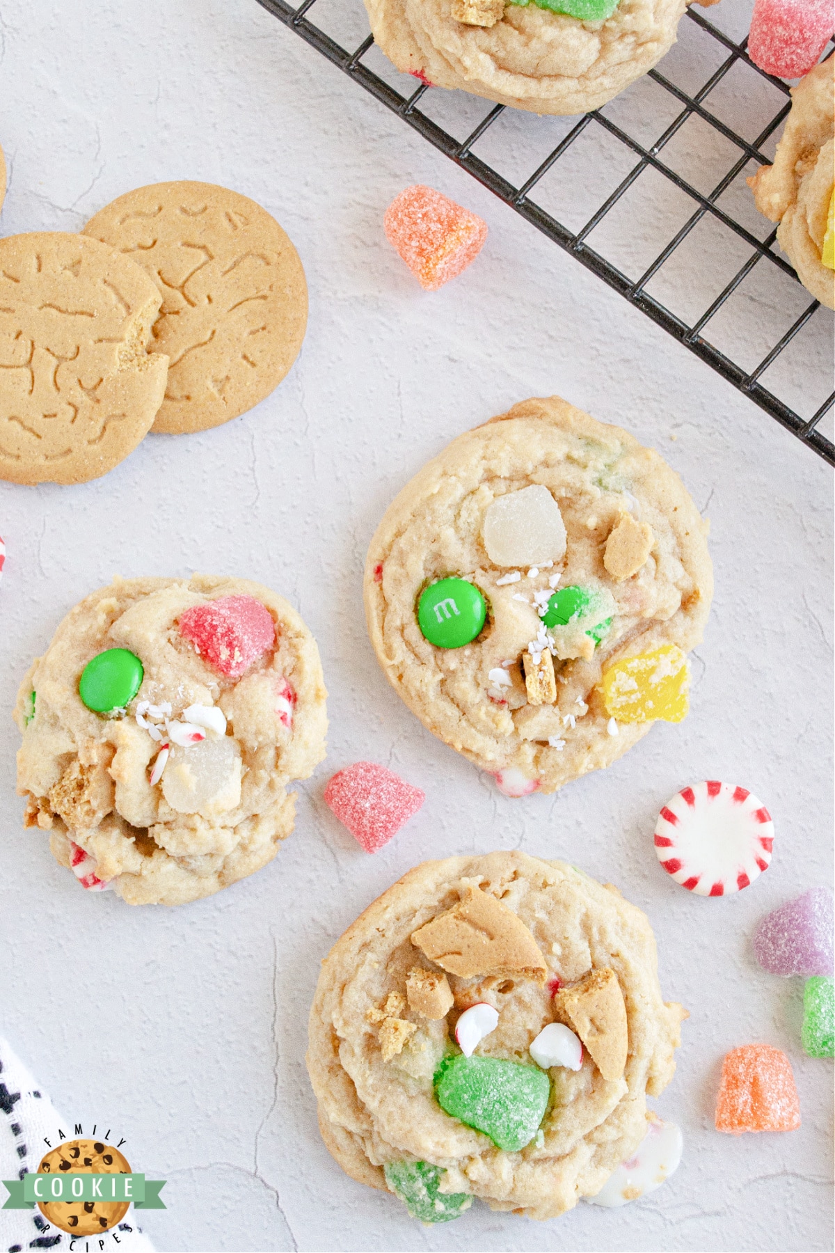 Cookies made with gingersnaps, gum drops and peppermint candies