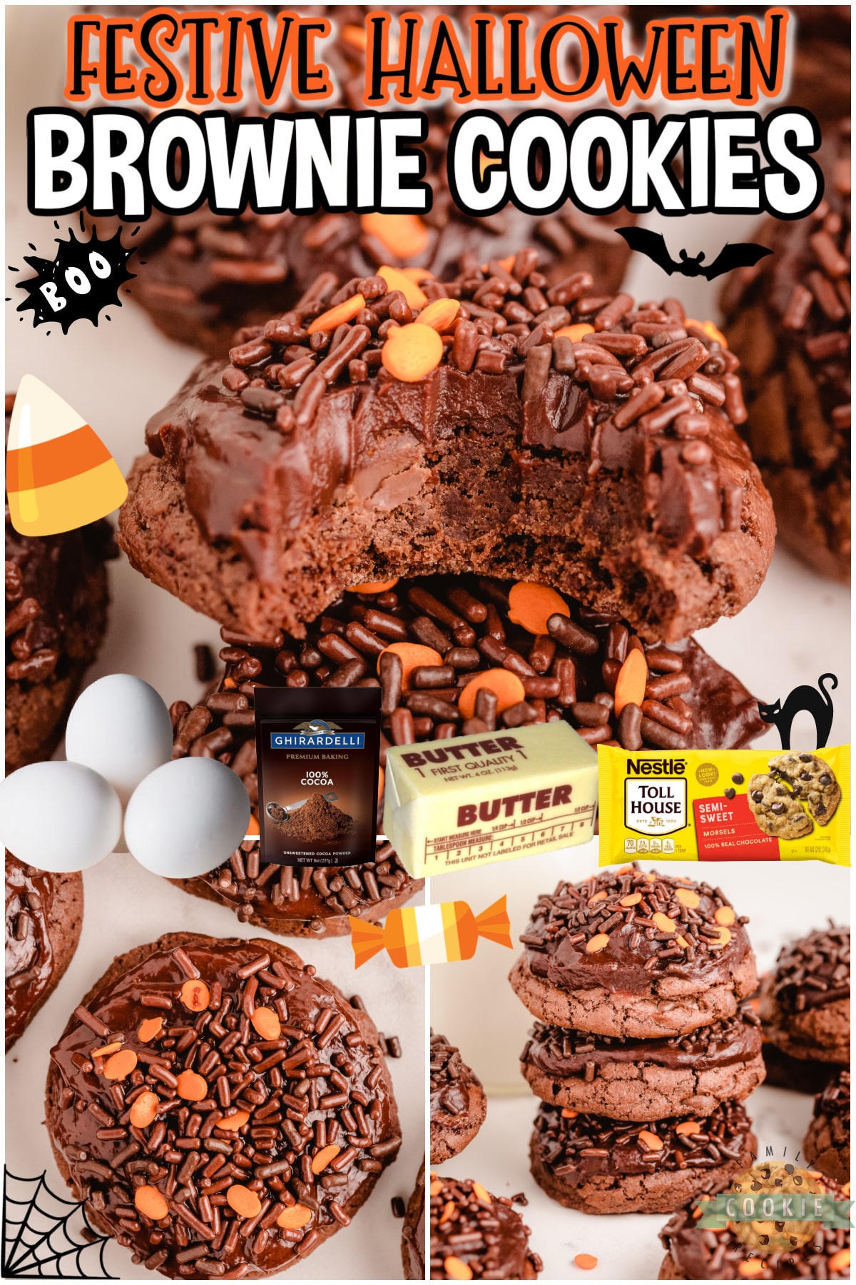 Halloween Brownie Cookies are everything you love about brownies, in cookie form! Soft & chewy with a decadent chocolate icing, these festive cookies are perfect for chocolate lovers!