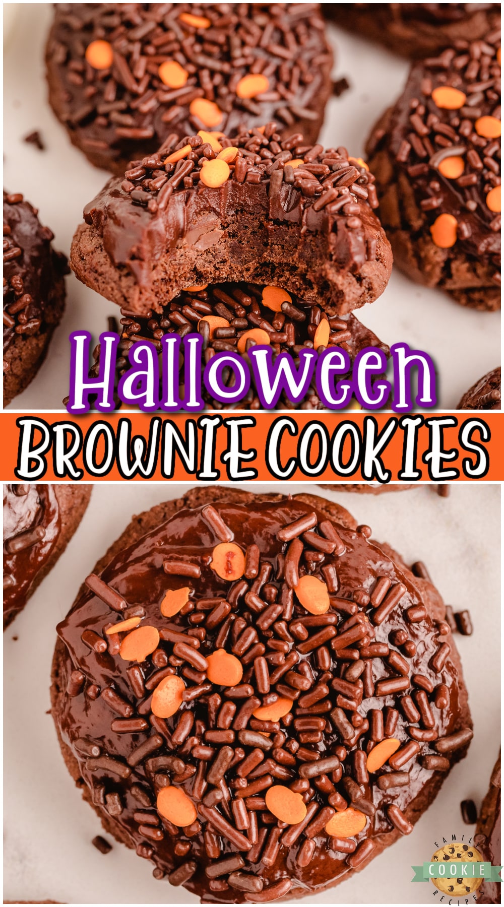 Halloween Brownie Cookies are everything you love about brownies, in cookie form! Soft & chewy with a decadent chocolate icing, these festive cookies are perfect for chocolate lovers!