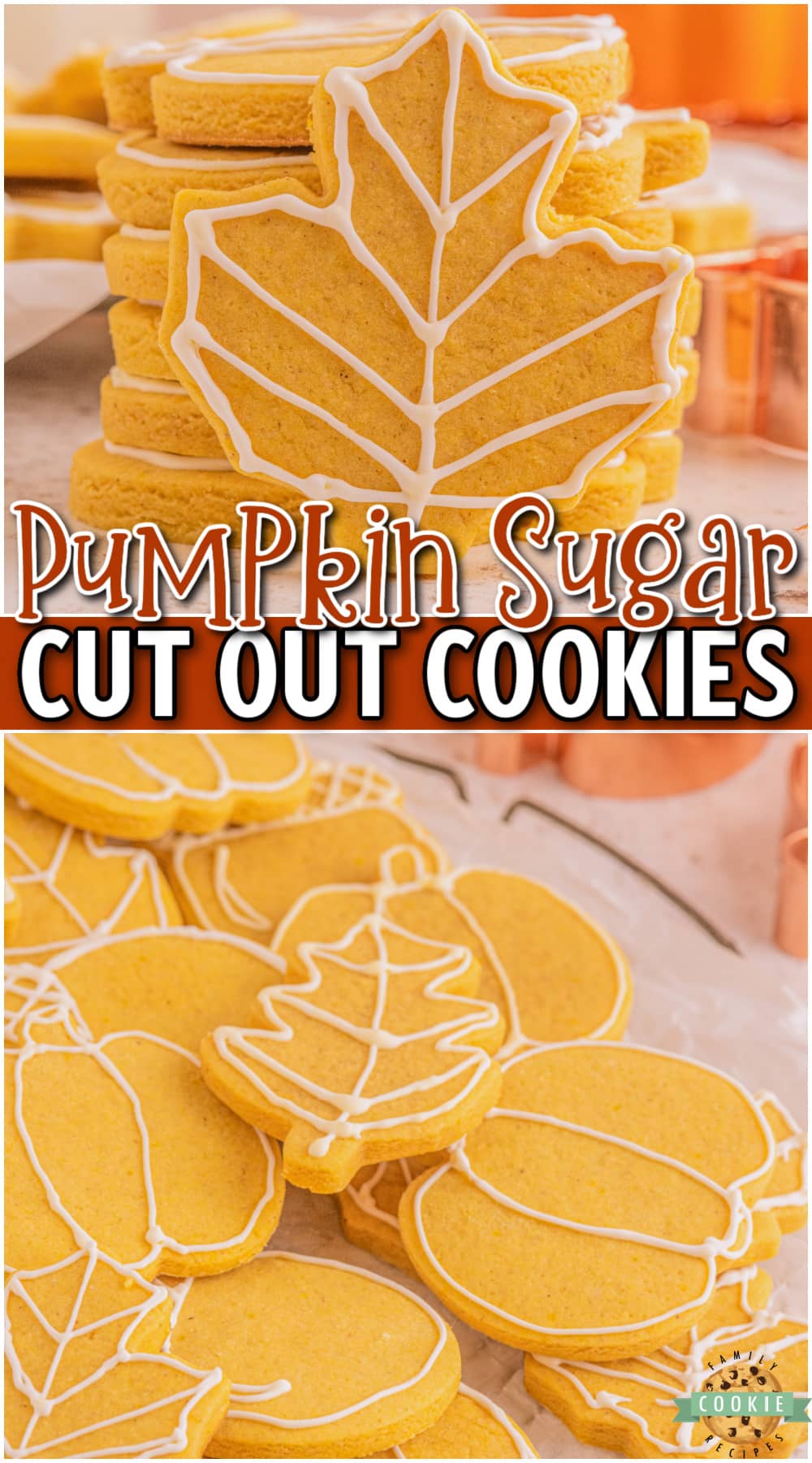 Fall Cut Out Sugar Cookies are soft, flavorful pumpkin cookies cut into delightful Autumn shapes! Perfect pumpkin spice flavor in these buttery sugar cookies.