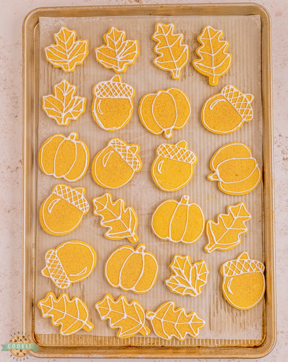 Pumpkin cut out cookies on a baking tray
