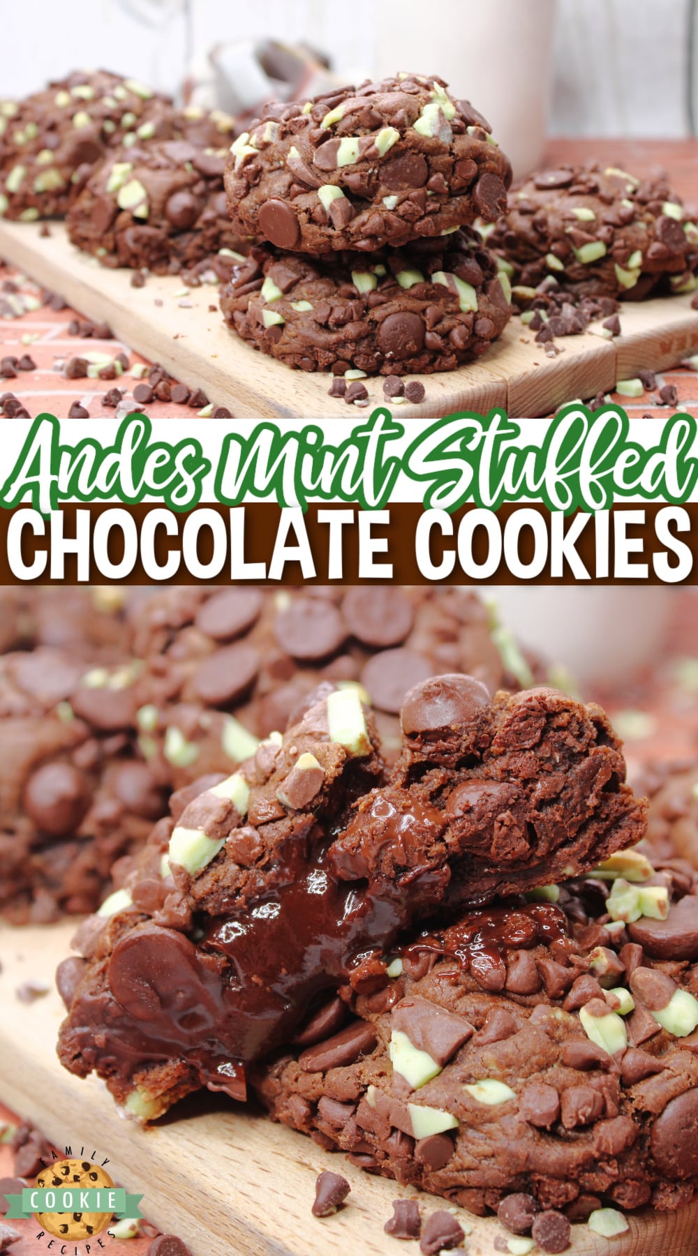 Andes Mint Stuffed Chocolate Cookies are rich chocolate mint cookies that are filled with chocolate ganache and a grasshopper cookie in the middle. Tons of mint flavor in this amazing chocolate cookie recipe!  