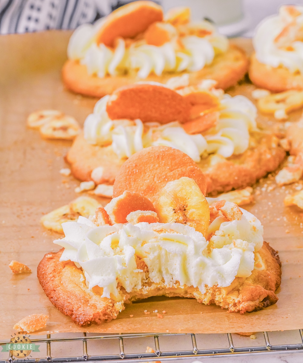 banana cream cookies with a bite taken out