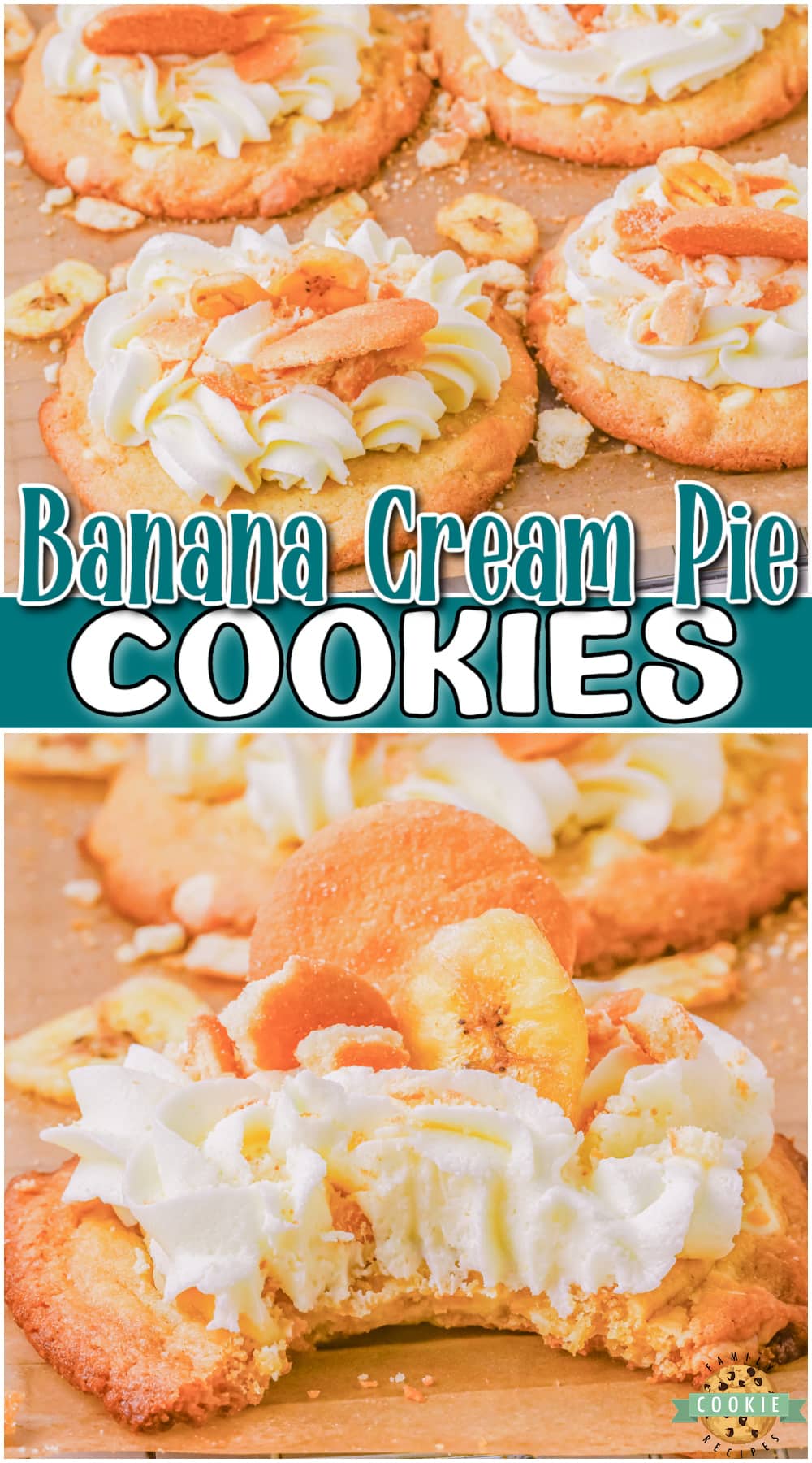Banana Cream Cookies made with banana pudding, Nilla wafers & buttercream frosting. This banana cookie recipe is a fun twist on the classic banana cream pie!