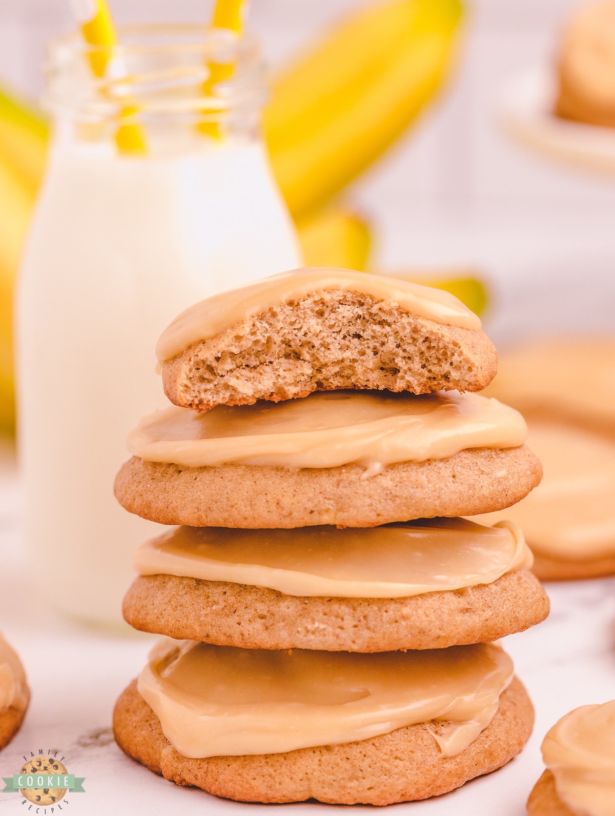 caramel banana cookie with a bite taken out