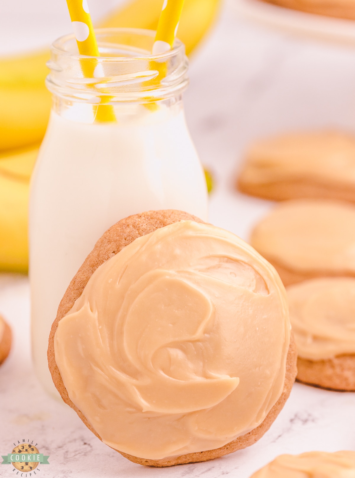 caramel banana cookie with a glass of milk