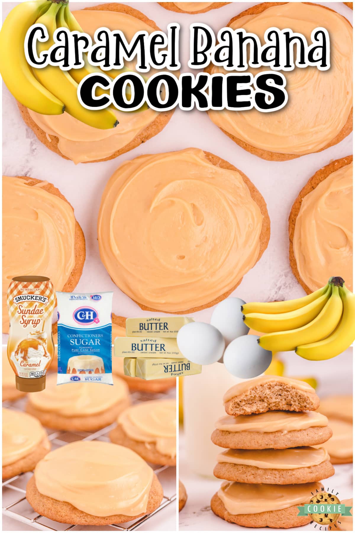 Caramel Banana cookies made with ripe bananas & cinnamon spice, then topped with a warm caramel icing! Banana + Caramel is a fantastic combination in these soft, pillowy cookies!