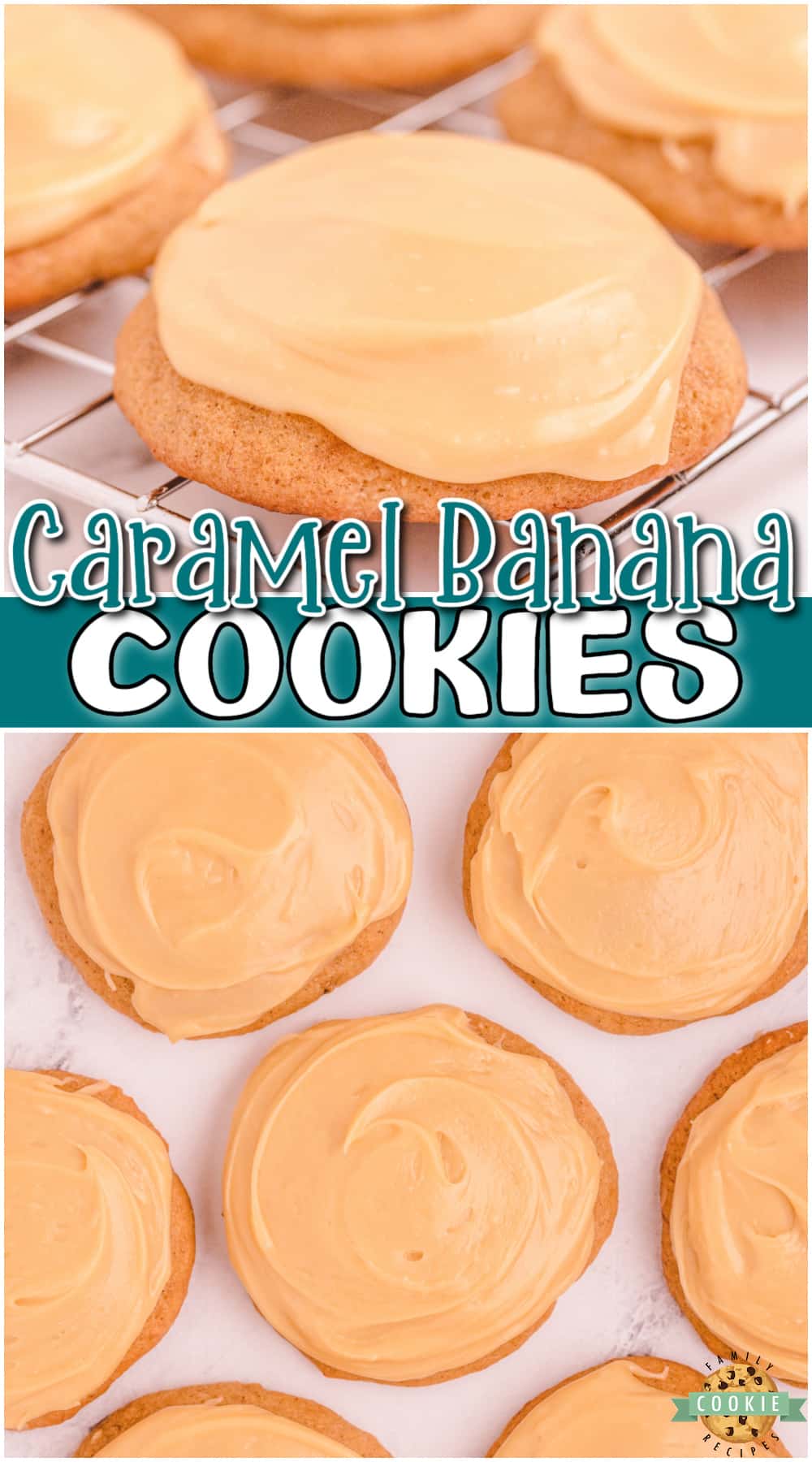 Caramel Banana cookies made with ripe bananas & cinnamon spice, then topped with a warm caramel icing! Banana + Caramel is a fantastic combination in these soft, pillowy cookies!