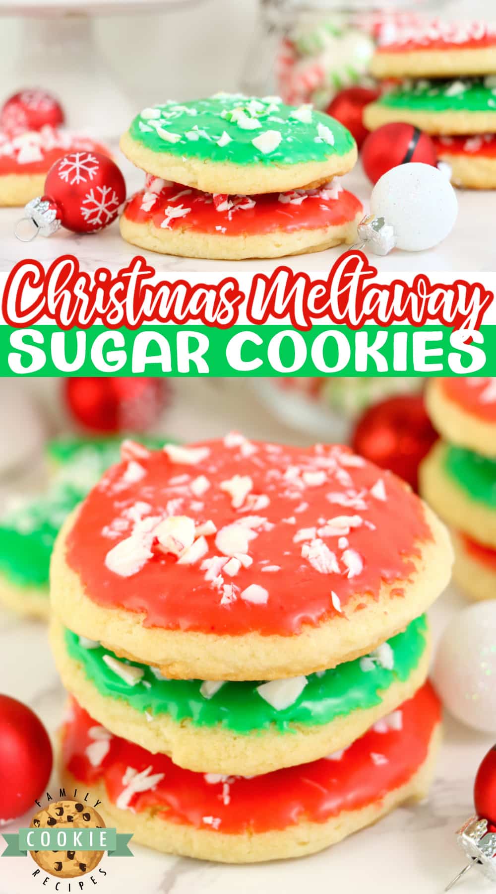 Christmas Sugar Cookies are soft and light sugar cookies dipped in vibrant frosting and topped with crushed mints. Easy holiday sugar cookie recipe that is perfect for parties and goody platters. No chilling, rolling out the dough or cutting out any cookies!