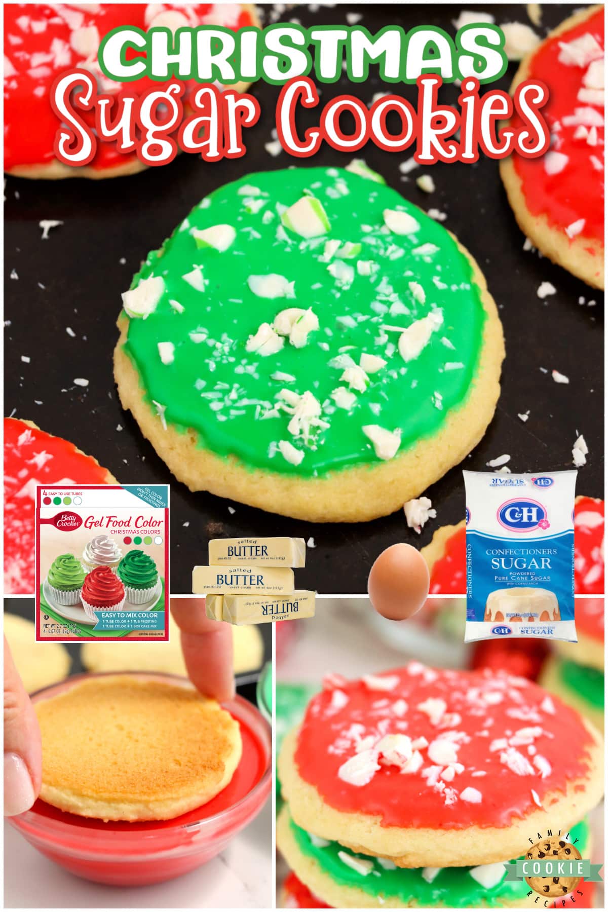 Christmas Sugar Cookies are soft and light sugar cookies dipped in vibrant frosting and topped with crushed mints. Easy holiday sugar cookie recipe that is perfect for parties and goody platters. No chilling, rolling out the dough or cutting out any cookies!