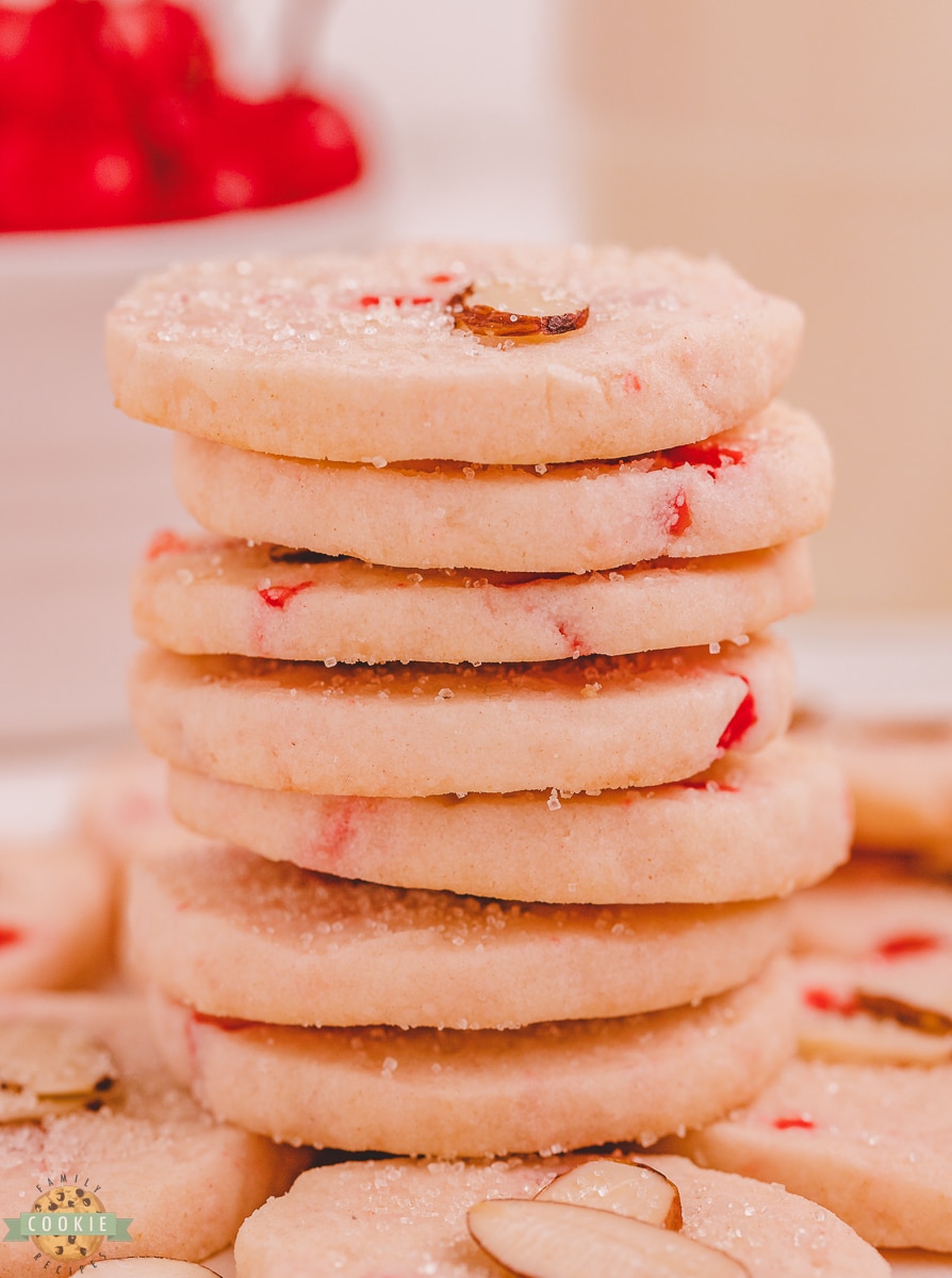 stack of cherry shortbread cookies