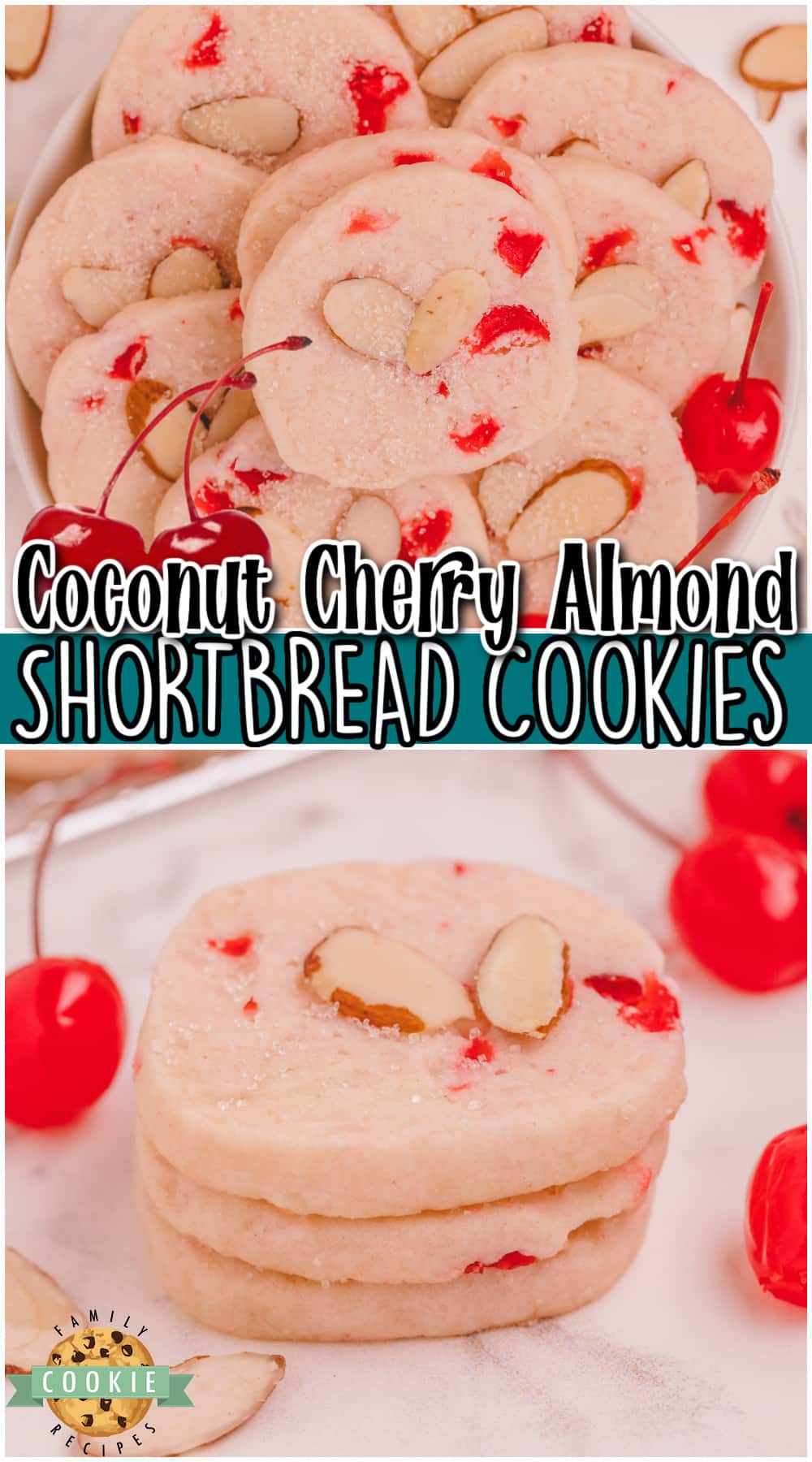 Coconut Almond Cherry Shortbread Cookies are tender, buttery cookies with lovely cherry flavor! This recipe for almond shortbread cookies is made with juicy cherries, coconut & sliced almonds.