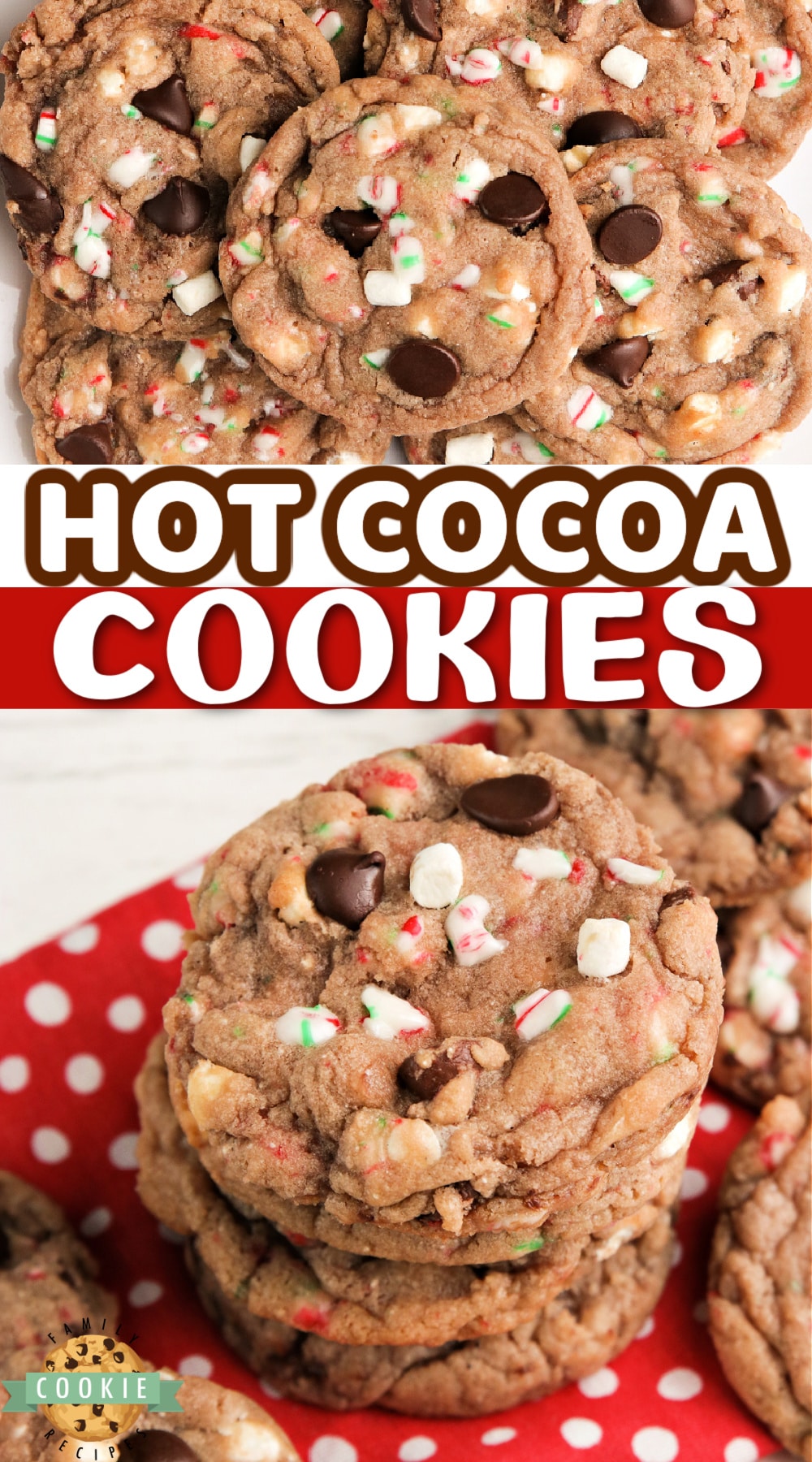 Hot Cocoa Cookies made with hot cocoa mix, chocolate chips, crushed candy canes and marshmallow bits. These hot chocolate cookies are simple to make and have all the flavors of a cup of your favorite hot cocoa! via @buttergirls