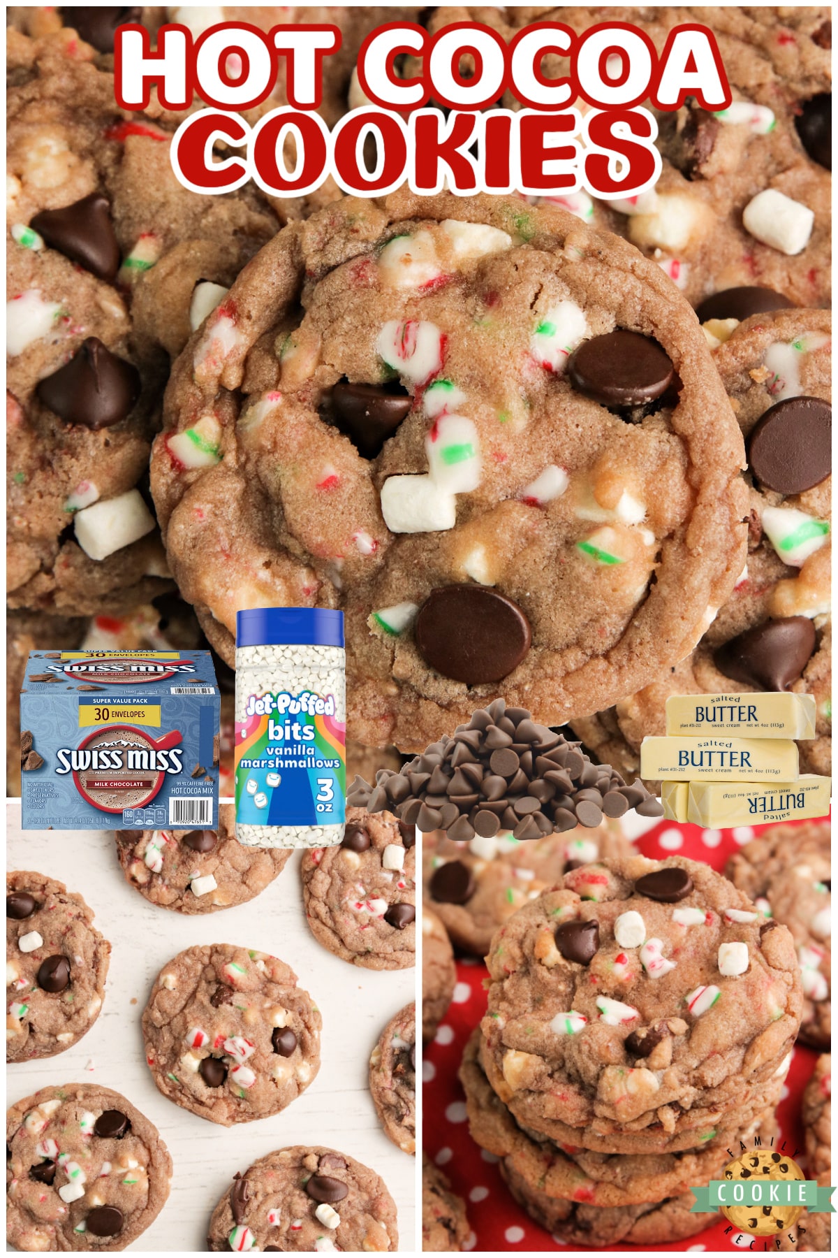 Hot Cocoa Cookies made with hot cocoa mix, chocolate chips, crushed candy canes and marshmallow bits. These hot chocolate cookies are simple to make and have all the flavors of a cup of your favorite hot cocoa! 